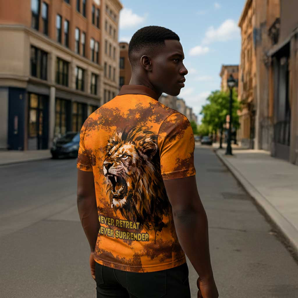 Shaka Zulu Zipper Polo Shirt Warrior Fiery Roaring Lion - Never Retreat Never Surrender African Strength and Courage - African Pride