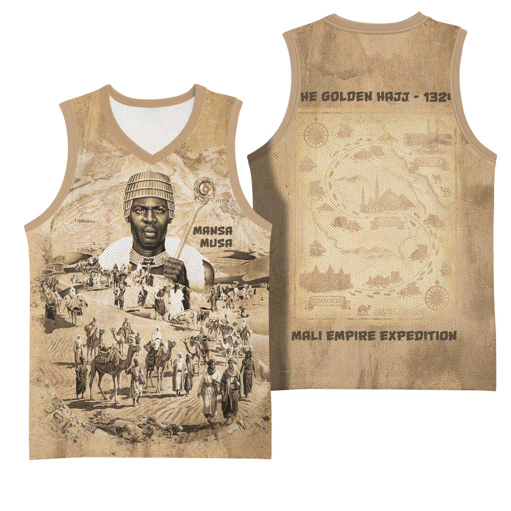 Mansa Musa Basketball Jersey Sepia Map Historic Pilgrimage Empire Expedition 1324 African Royalty Legacy - African Pride