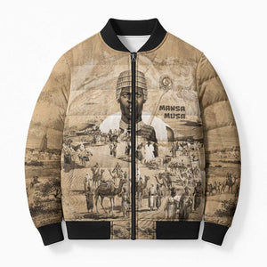 Mansa Musa Bomber Puffer Jacket Sepia Map Historic Pilgrimage Empire Expedition 1324 African Royalty Legacy - African Pride
