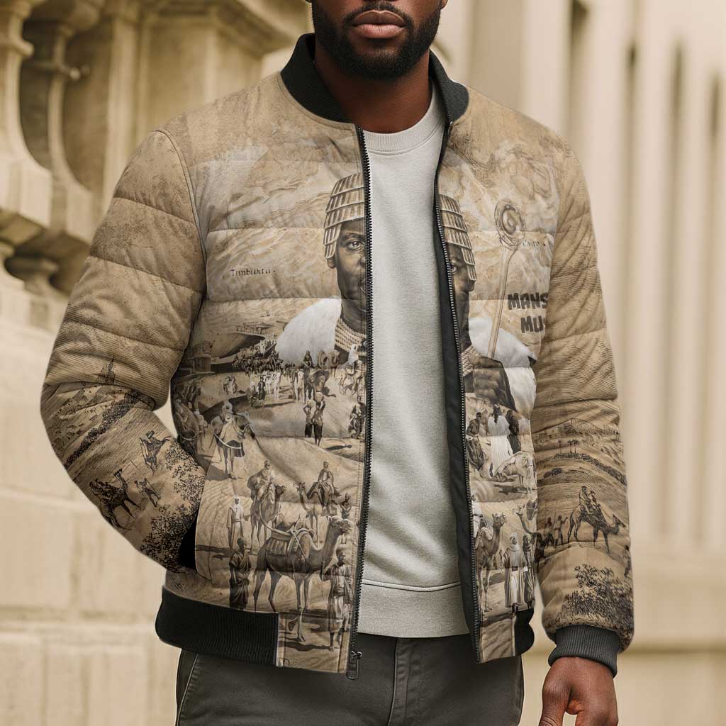 Mansa Musa Bomber Puffer Jacket Sepia Map Historic Pilgrimage Empire Expedition 1324 African Royalty Legacy - African Pride