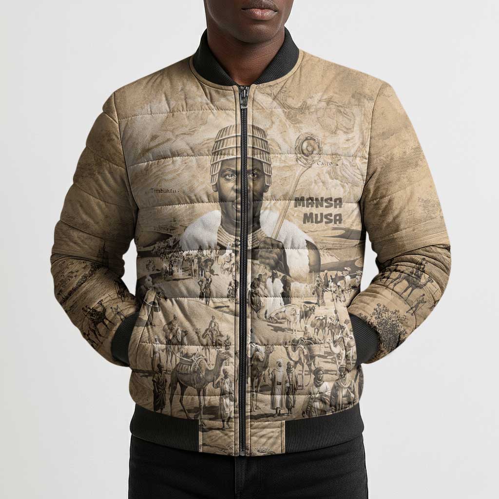 Mansa Musa Bomber Puffer Jacket Sepia Map Historic Pilgrimage Empire Expedition 1324 African Royalty Legacy - African Pride