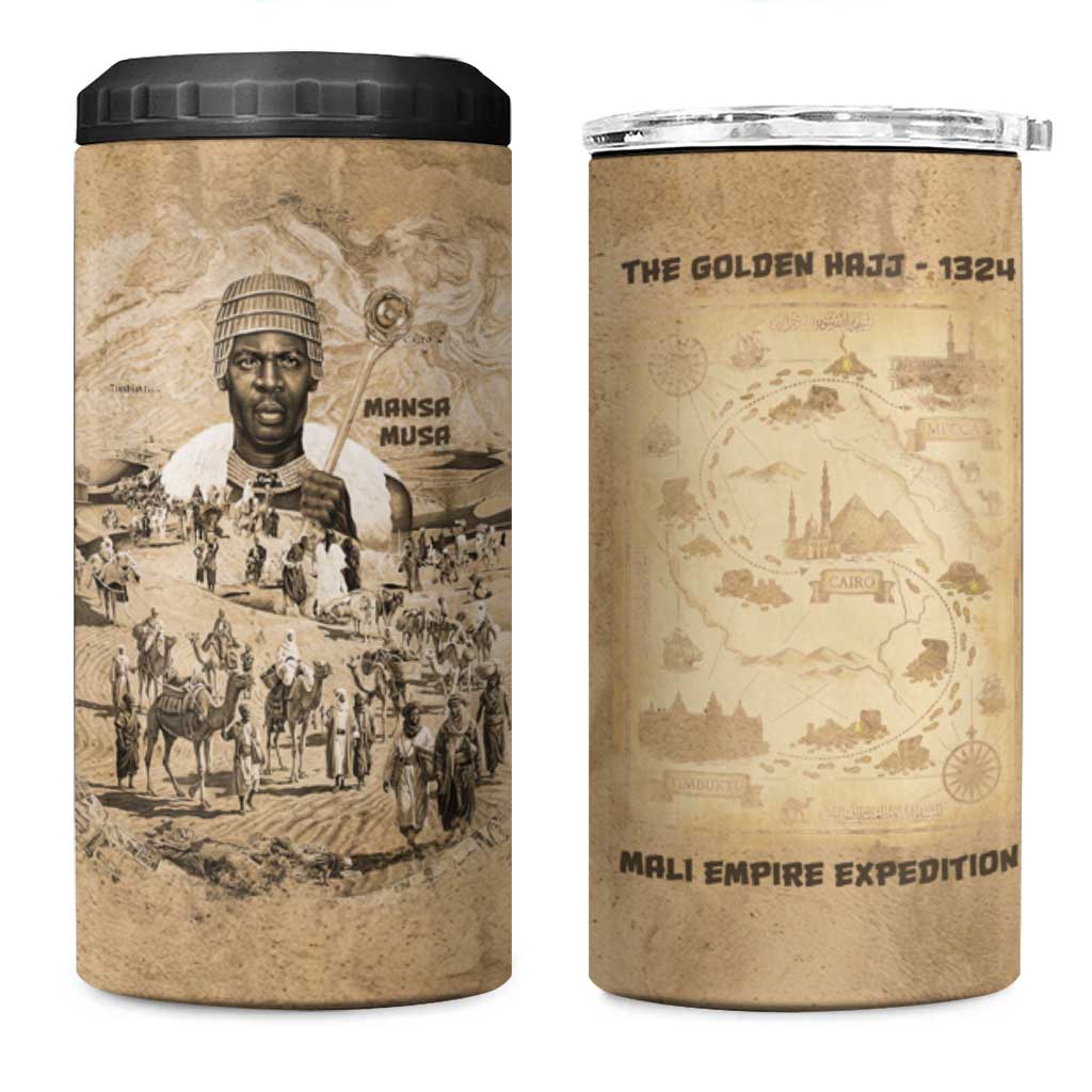 Mansa Musa 4 in 1 Can Cooler Tumbler Sepia Map Historic Pilgrimage Empire Expedition 1324 African Royalty Legacy - African Pride