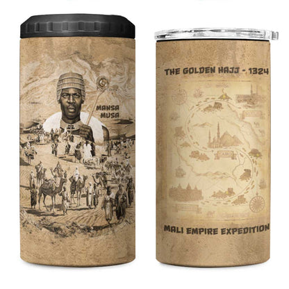 Mansa Musa 4 in 1 Can Cooler Tumbler Sepia Map Historic Pilgrimage Empire Expedition 1324 African Royalty Legacy - African Pride