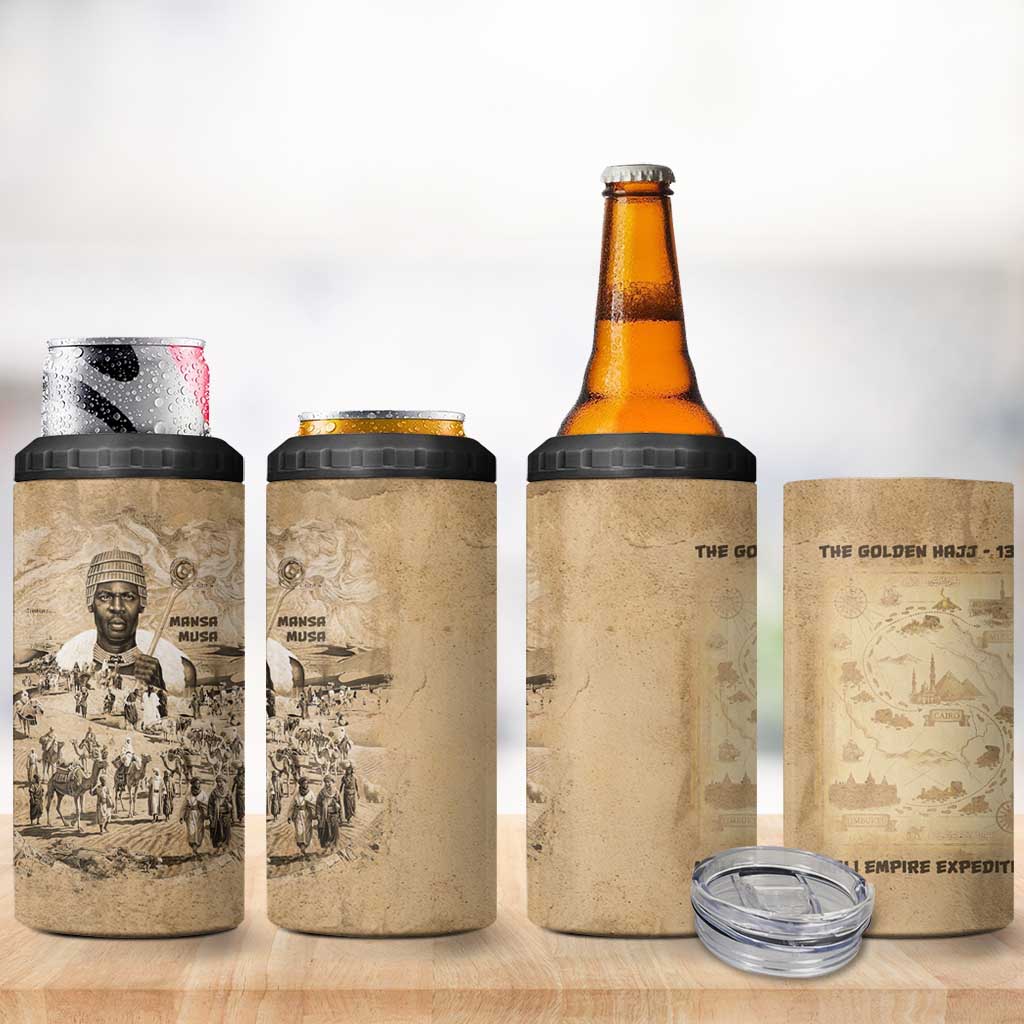 Mansa Musa 4 in 1 Can Cooler Tumbler Sepia Map Historic Pilgrimage Empire Expedition 1324 African Royalty Legacy - African Pride