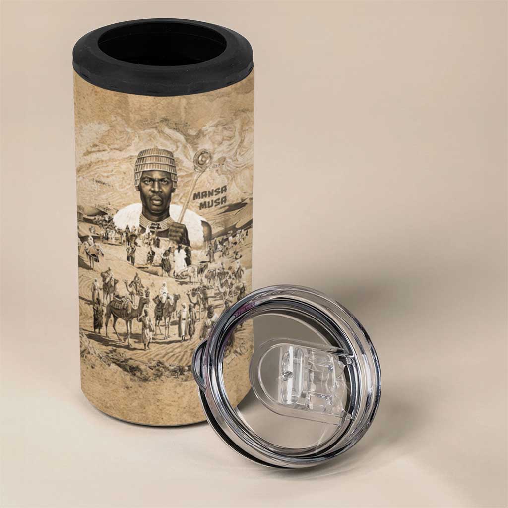 Mansa Musa 4 in 1 Can Cooler Tumbler Sepia Map Historic Pilgrimage Empire Expedition 1324 African Royalty Legacy - African Pride