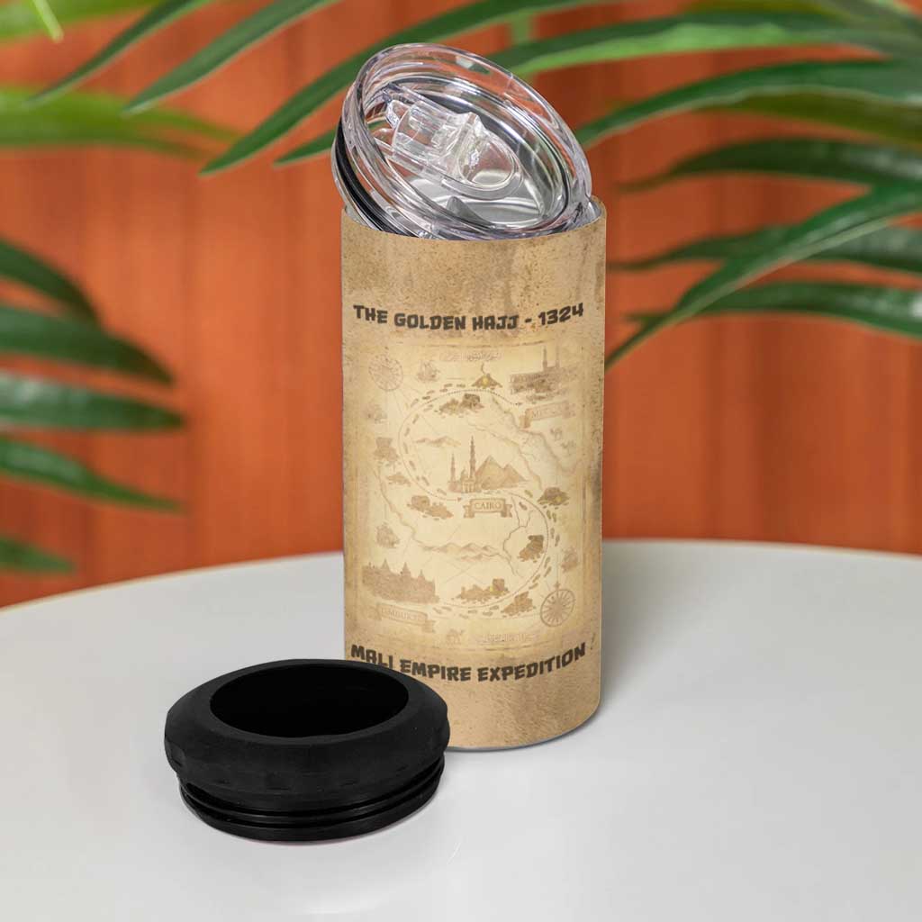 Mansa Musa 4 in 1 Can Cooler Tumbler Sepia Map Historic Pilgrimage Empire Expedition 1324 African Royalty Legacy - African Pride