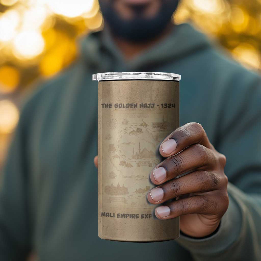Mansa Musa 4 in 1 Can Cooler Tumbler Sepia Map Historic Pilgrimage Empire Expedition 1324 African Royalty Legacy - African Pride