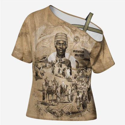Mansa Musa Cross Shoulder Shirt Sepia Map Historic Pilgrimage Empire Expedition 1324 African Royalty Legacy - African Pride