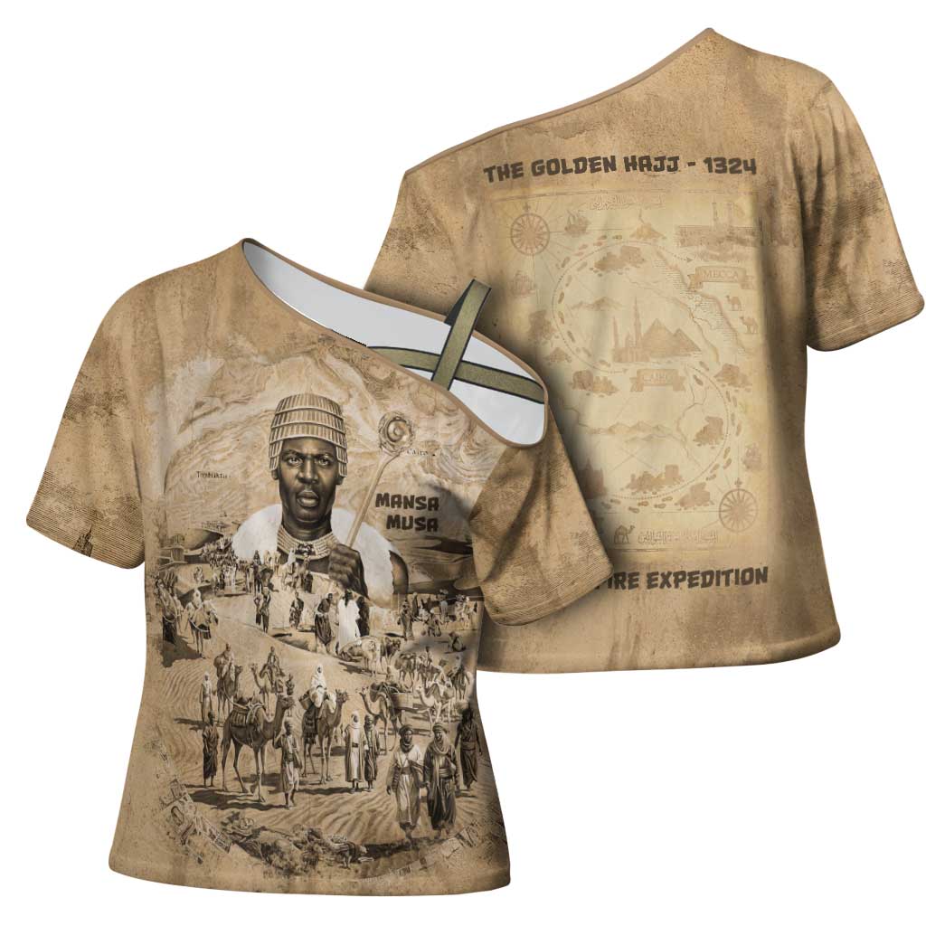 Mansa Musa Cross Shoulder Shirt Sepia Map Historic Pilgrimage Empire Expedition 1324 African Royalty Legacy - African Pride