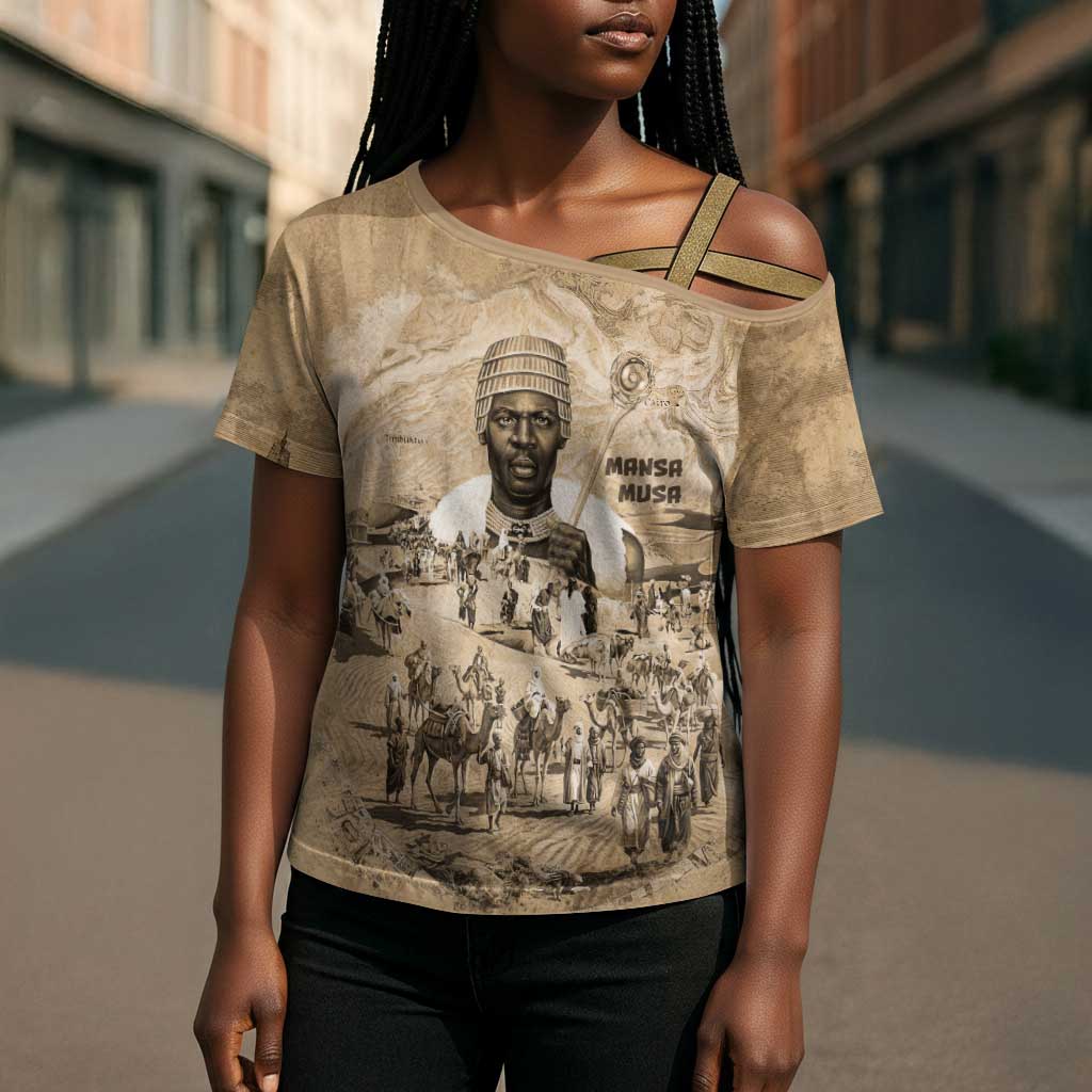 Mansa Musa Cross Shoulder Shirt Sepia Map Historic Pilgrimage Empire Expedition 1324 African Royalty Legacy - African Pride