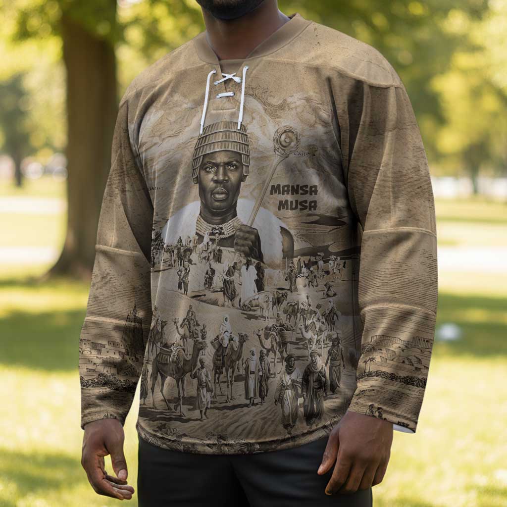 Mansa Musa Hockey Jersey Sepia Map Historic Pilgrimage Empire Expedition 1324 African Royalty Legacy - African Pride