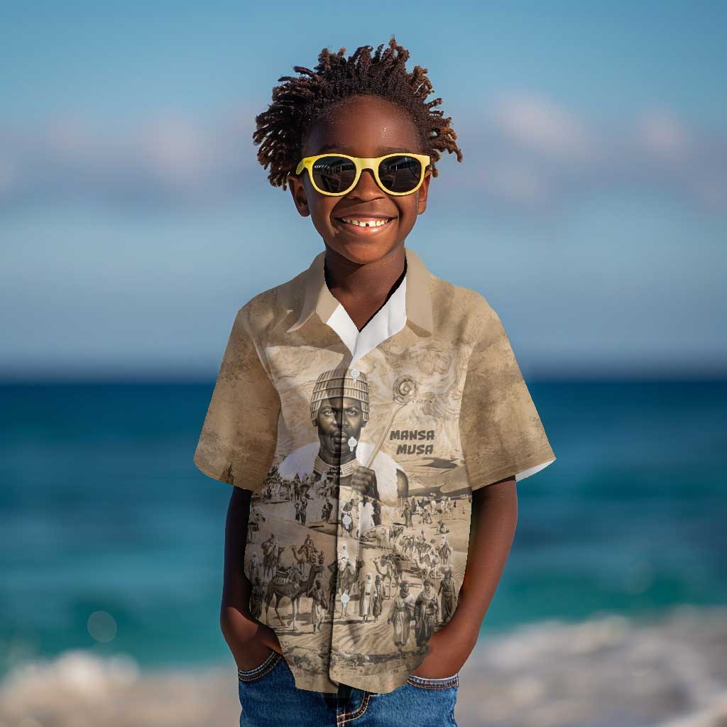 Mansa Musa Kid Hawaiian Shirt Sepia Map Historic Pilgrimage Empire Expedition 1324 African Royalty Legacy - African Pride