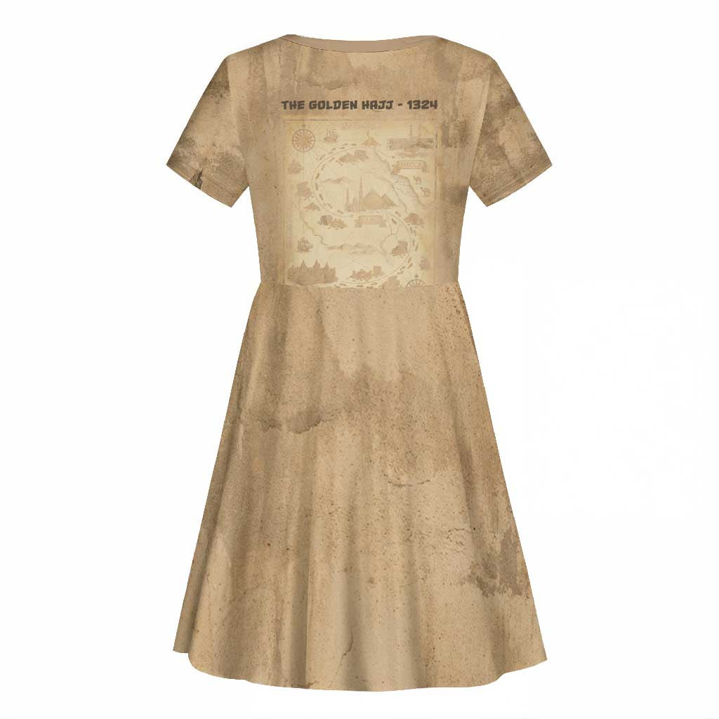 Mansa Musa Kid Short Sleeve Dress Sepia Map Historic Pilgrimage Empire Expedition 1324 African Royalty Legacy - African Pride