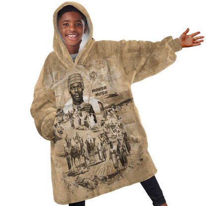 Mansa Musa Kid Wearable Blanket Hoodie Sepia Map Historic Pilgrimage Empire Expedition 1324 African Royalty Legacy - African Pride