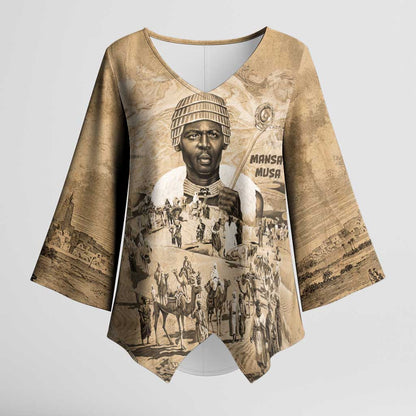 Mansa Musa Kimono Sleeve Blouse Sepia Map Historic Pilgrimage Empire Expedition 1324 African Royalty Legacy - African Pride