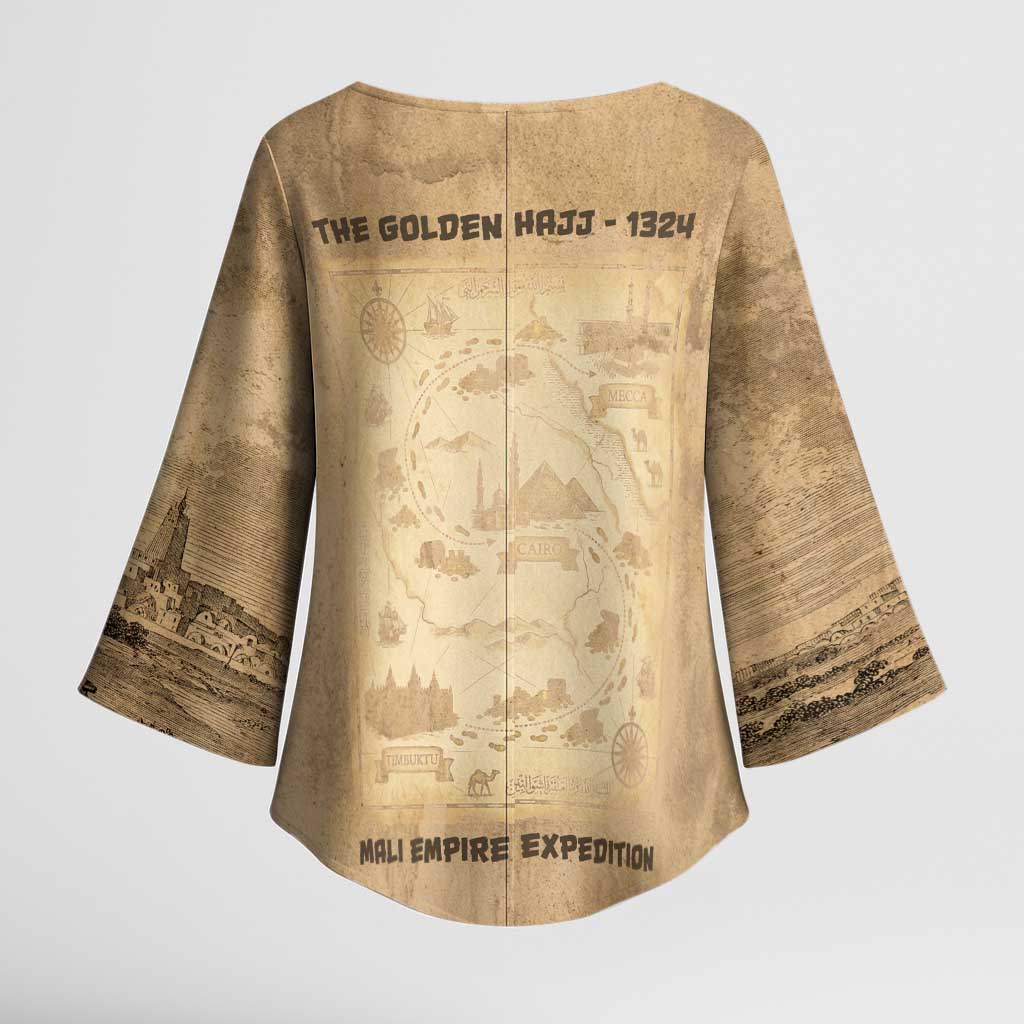 Mansa Musa Kimono Sleeve Blouse Sepia Map Historic Pilgrimage Empire Expedition 1324 African Royalty Legacy - African Pride