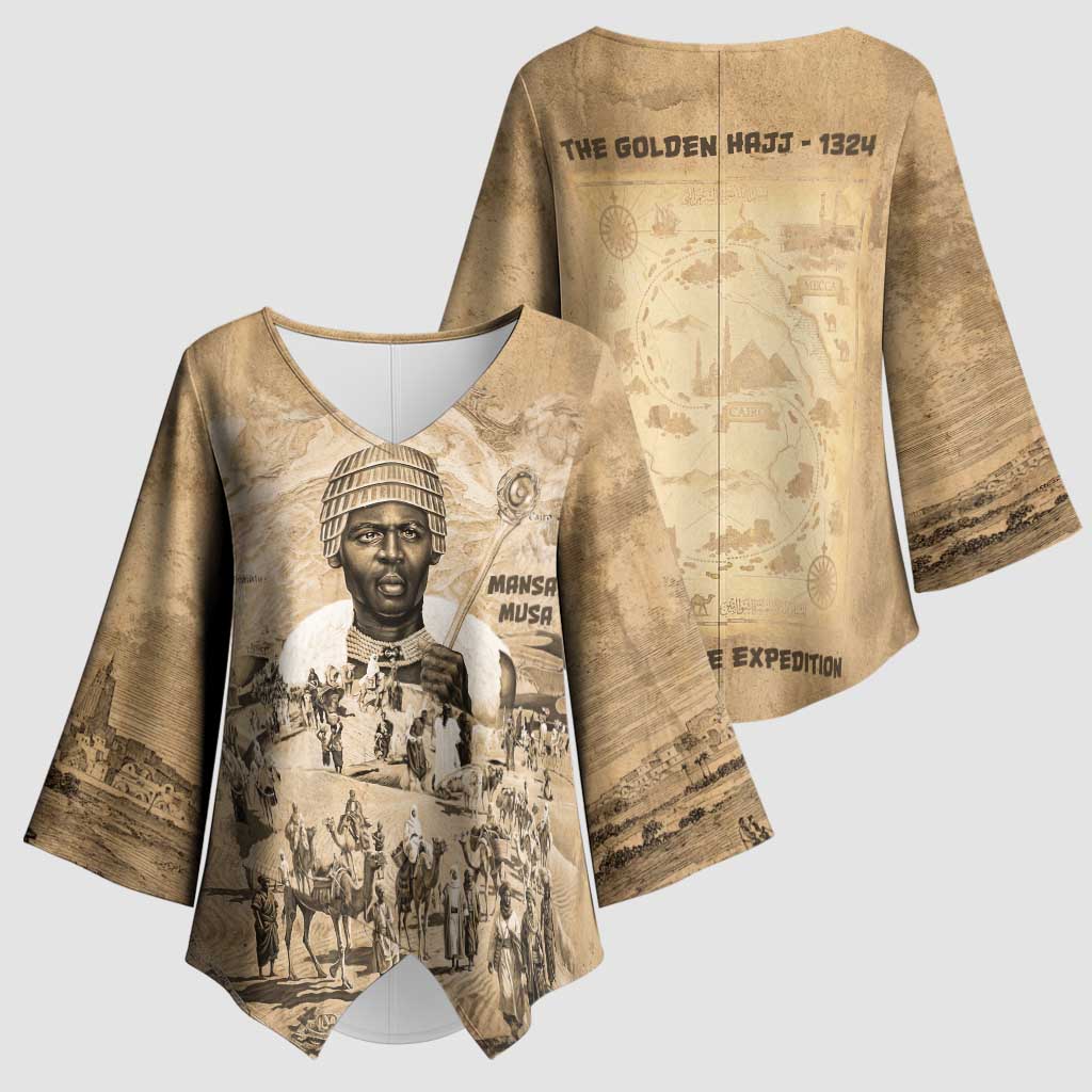 Mansa Musa Kimono Sleeve Blouse Sepia Map Historic Pilgrimage Empire Expedition 1324 African Royalty Legacy - African Pride