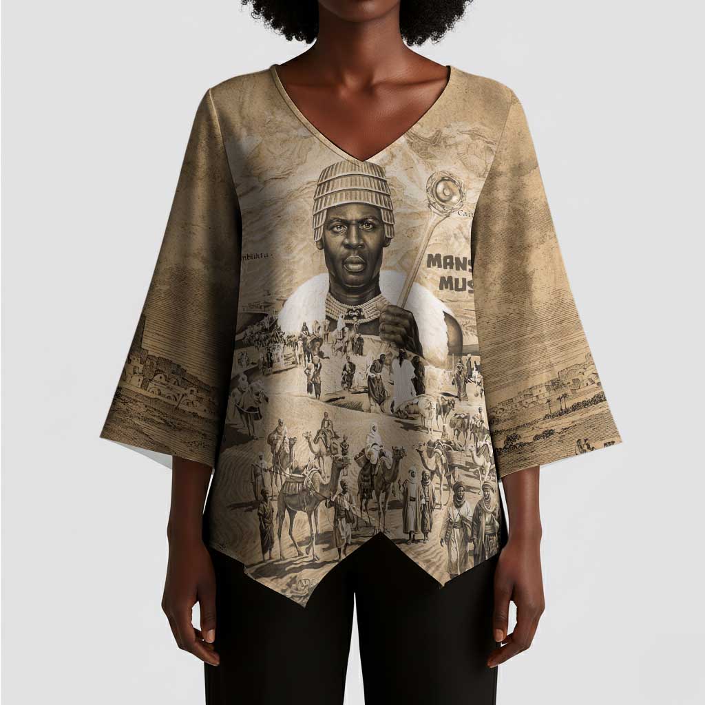 Mansa Musa Kimono Sleeve Blouse Sepia Map Historic Pilgrimage Empire Expedition 1324 African Royalty Legacy - African Pride