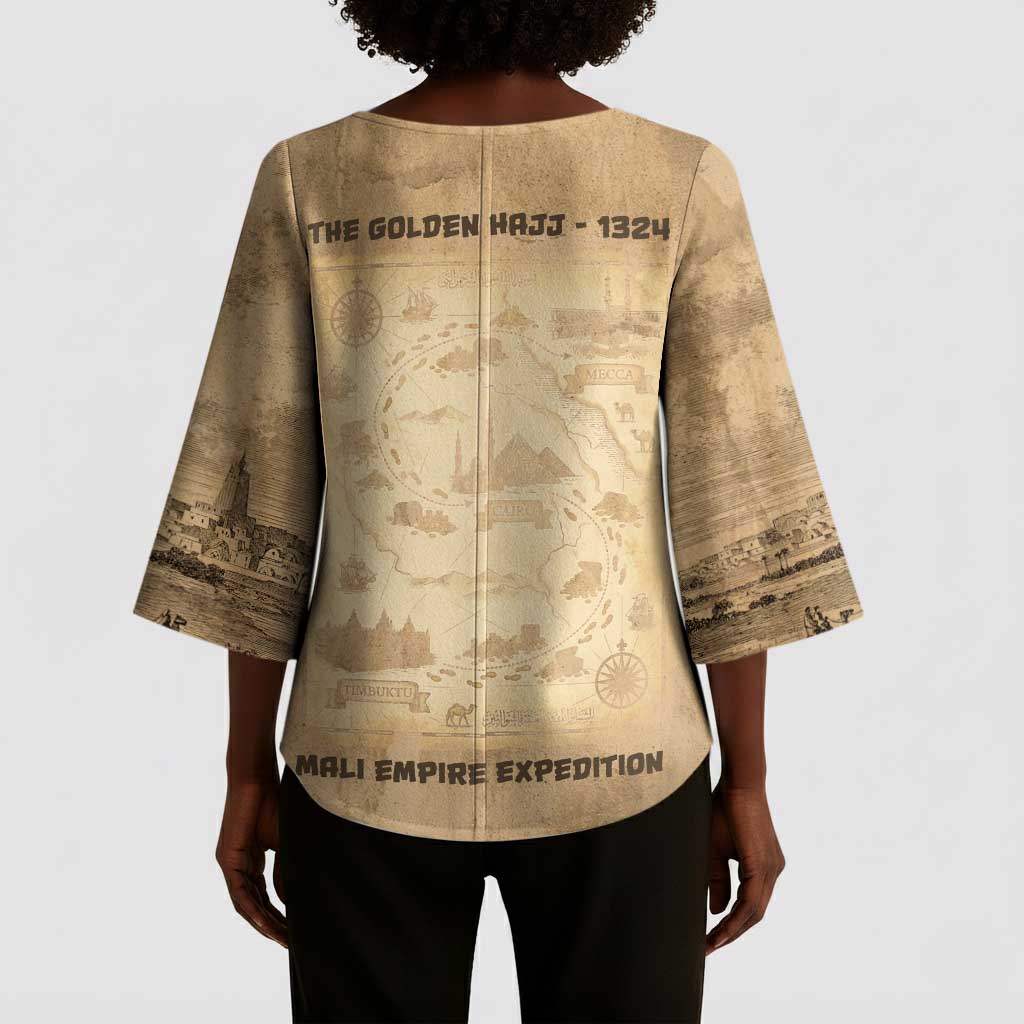 Mansa Musa Kimono Sleeve Blouse Sepia Map Historic Pilgrimage Empire Expedition 1324 African Royalty Legacy - African Pride