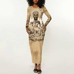 Mansa Musa Long Sleeve Bodycon Dress Sepia Map Historic Pilgrimage Empire Expedition 1324 African Royalty Legacy - African Pride