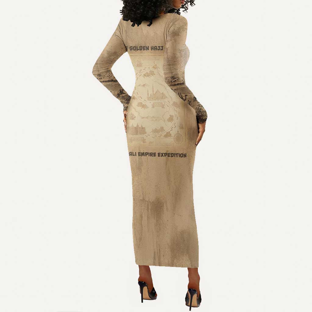Mansa Musa Long Sleeve Bodycon Dress Sepia Map Historic Pilgrimage Empire Expedition 1324 African Royalty Legacy - African Pride