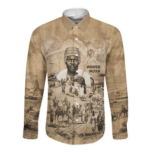 Mansa Musa Long Sleeve Button Shirt Sepia Map Historic Pilgrimage Empire Expedition 1324 African Royalty Legacy - African Pride