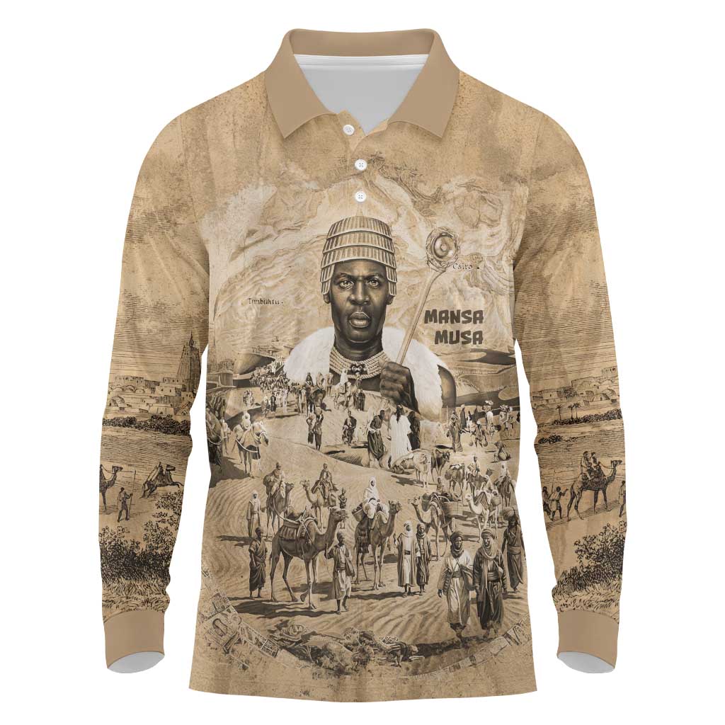 Mansa Musa Long Sleeve Polo Shirt Sepia Map Historic Pilgrimage Empire Expedition 1324 African Royalty Legacy - African Pride