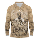 Mansa Musa Long Sleeve Polo Shirt Sepia Map Historic Pilgrimage Empire Expedition 1324 African Royalty Legacy - African Pride