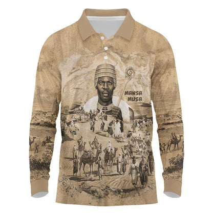 Mansa Musa Long Sleeve Polo Shirt Sepia Map Historic Pilgrimage Empire Expedition 1324 African Royalty Legacy - African Pride