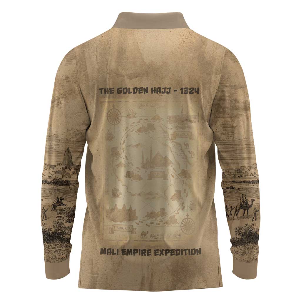 Mansa Musa Long Sleeve Polo Shirt Sepia Map Historic Pilgrimage Empire Expedition 1324 African Royalty Legacy - African Pride