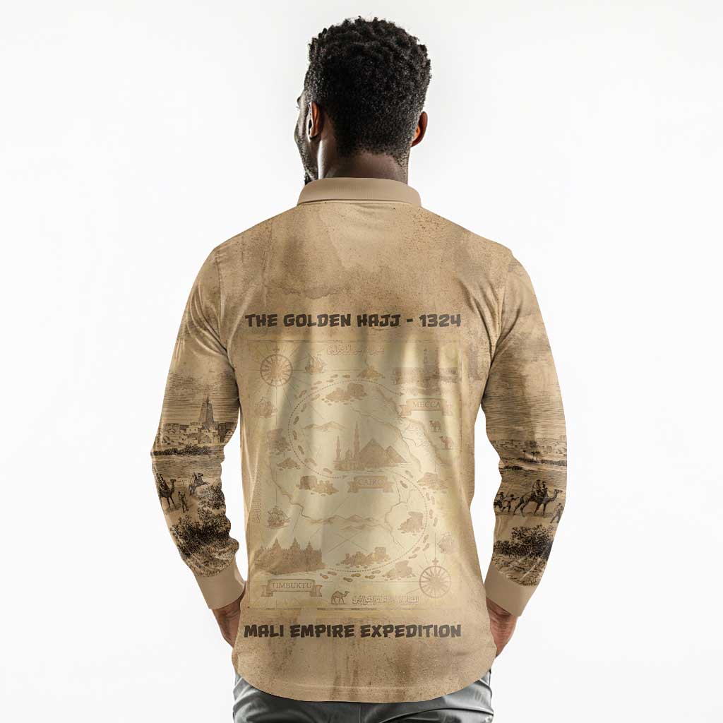 Mansa Musa Long Sleeve Polo Shirt Sepia Map Historic Pilgrimage Empire Expedition 1324 African Royalty Legacy - African Pride