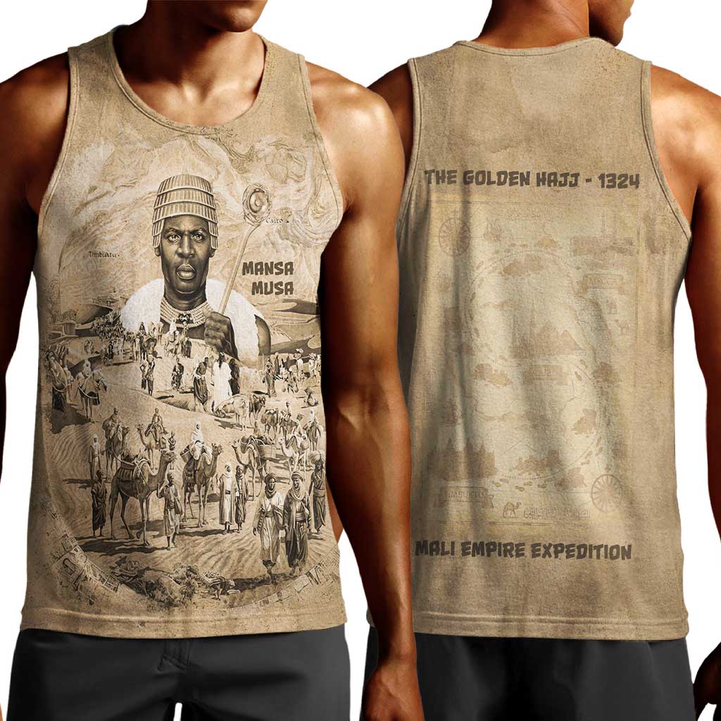 Mansa Musa Men Tank Top Sepia Map Historic Pilgrimage Empire Expedition 1324 African Royalty Legacy - African Pride