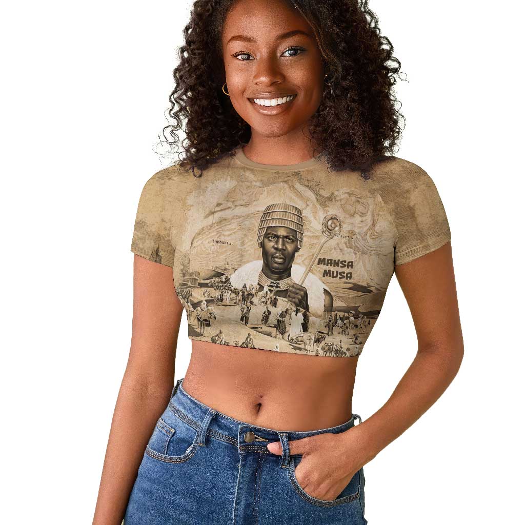 Mansa Musa Raglan Cropped T shirt Sepia Map Historic Pilgrimage Empire Expedition 1324 African Royalty Legacy - African Pride