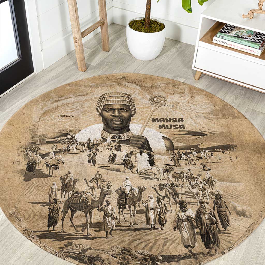 Mansa Musa Round Carpet Sepia Map Historic Pilgrimage Empire Expedition 1324 African Royalty Legacy - African Pride