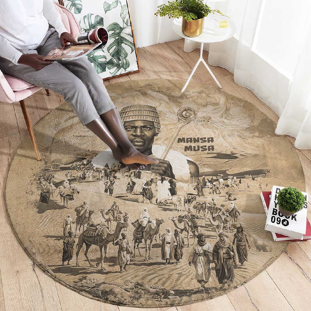 Mansa Musa Round Carpet Sepia Map Historic Pilgrimage Empire Expedition 1324 African Royalty Legacy - African Pride