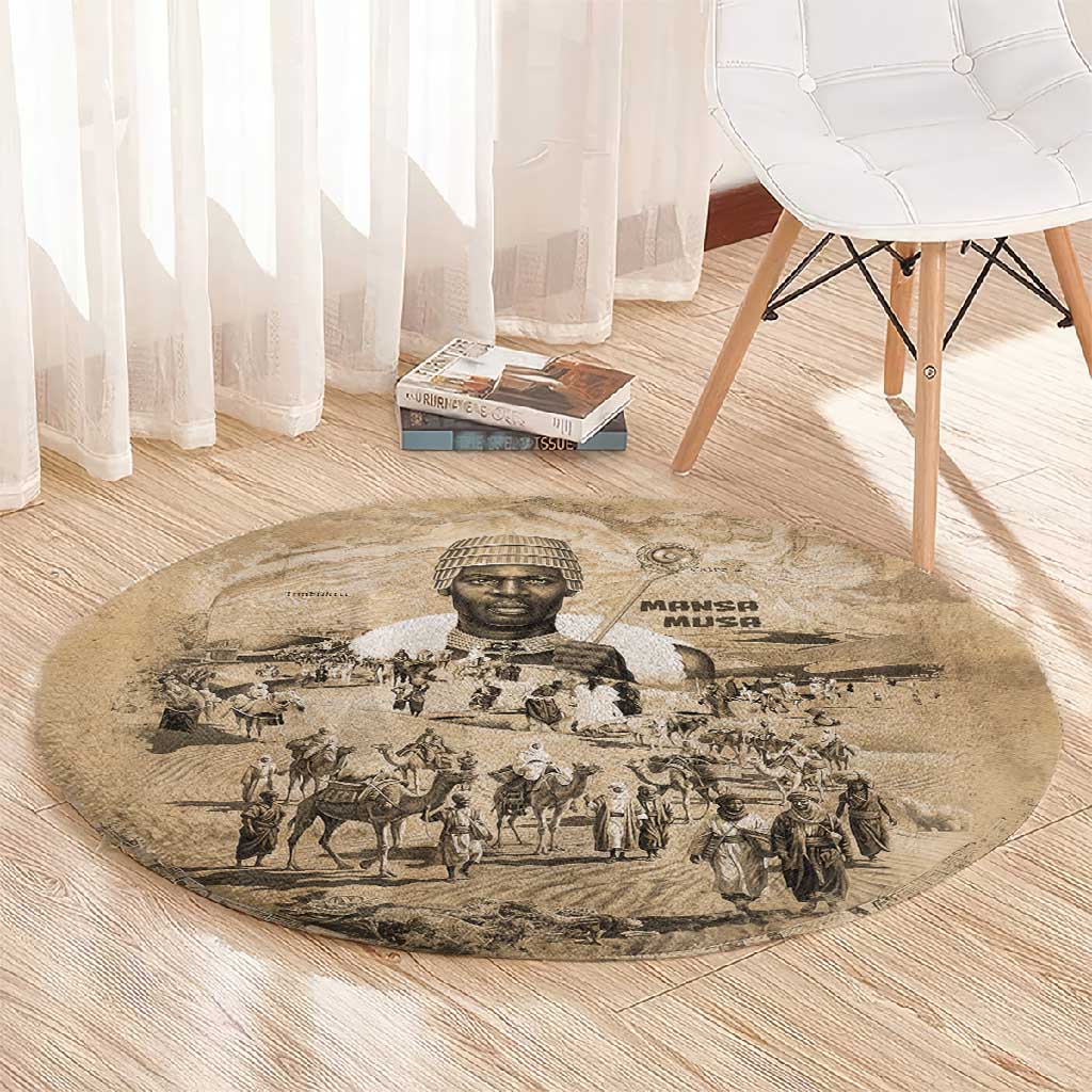 Mansa Musa Round Carpet Sepia Map Historic Pilgrimage Empire Expedition 1324 African Royalty Legacy - African Pride