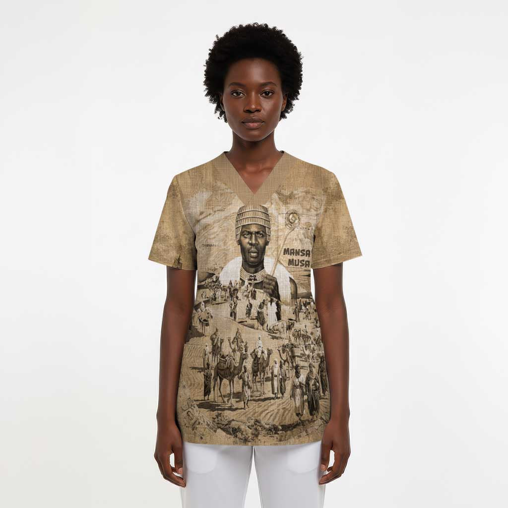 Mansa Musa Scrub Top Sepia Map Historic Pilgrimage Empire Expedition 1324 African Royalty Legacy - African Pride