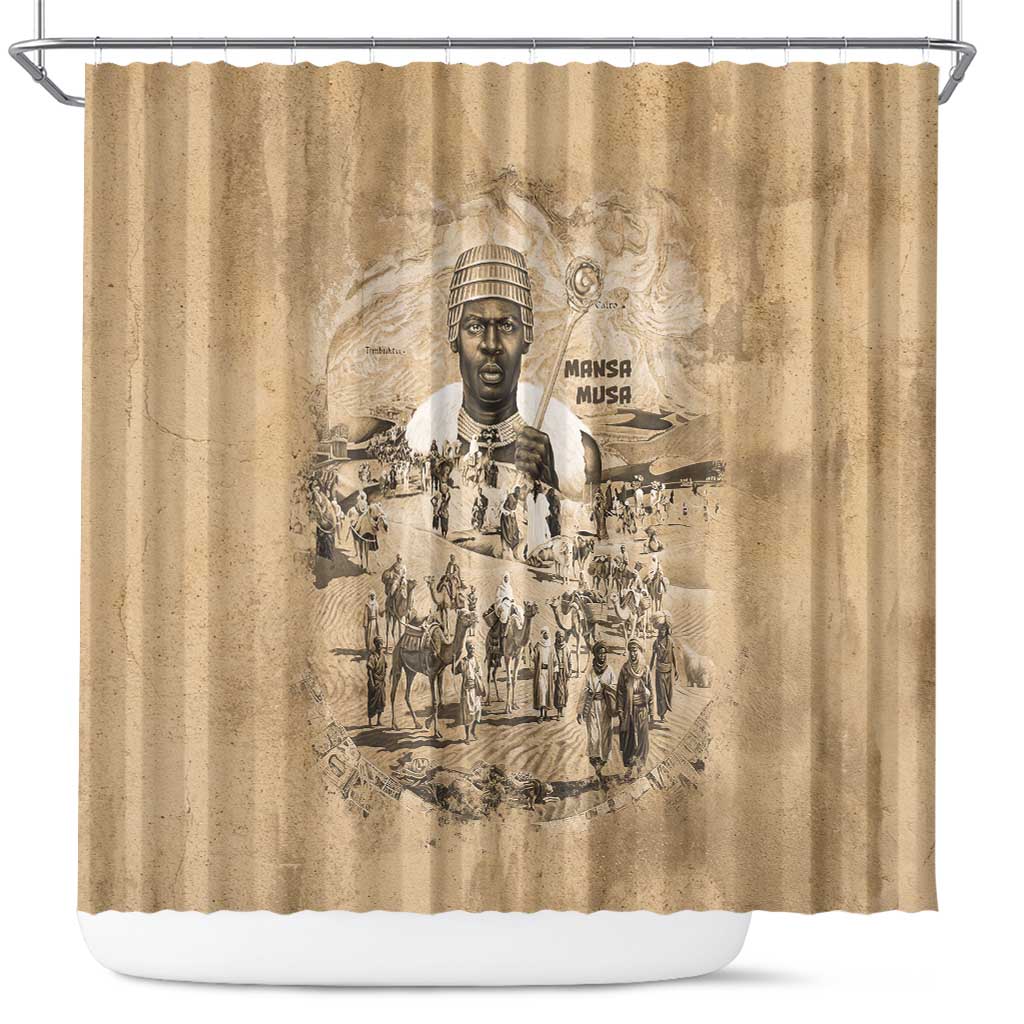Mansa Musa Shower Curtain Sepia Map Historic Pilgrimage Empire Expedition 1324 African Royalty Legacy - African Pride