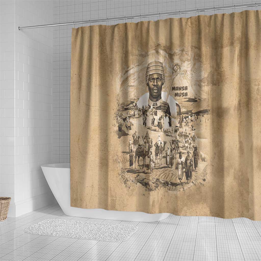 Mansa Musa Shower Curtain Sepia Map Historic Pilgrimage Empire Expedition 1324 African Royalty Legacy - African Pride
