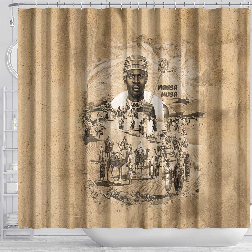 Mansa Musa Shower Curtain Sepia Map Historic Pilgrimage Empire Expedition 1324 African Royalty Legacy - African Pride