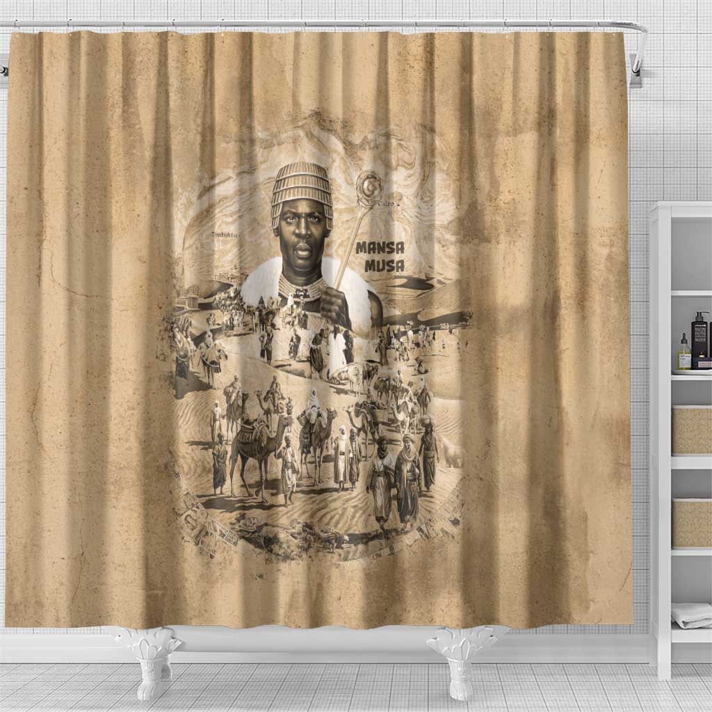 Mansa Musa Shower Curtain Sepia Map Historic Pilgrimage Empire Expedition 1324 African Royalty Legacy - African Pride