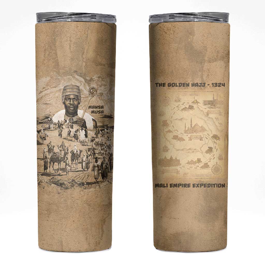 Mansa Musa Skinny Tumbler Sepia Map Historic Pilgrimage Empire Expedition 1324 African Royalty Legacy - African Pride