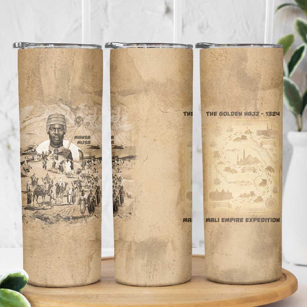 Mansa Musa Skinny Tumbler Sepia Map Historic Pilgrimage Empire Expedition 1324 African Royalty Legacy - African Pride