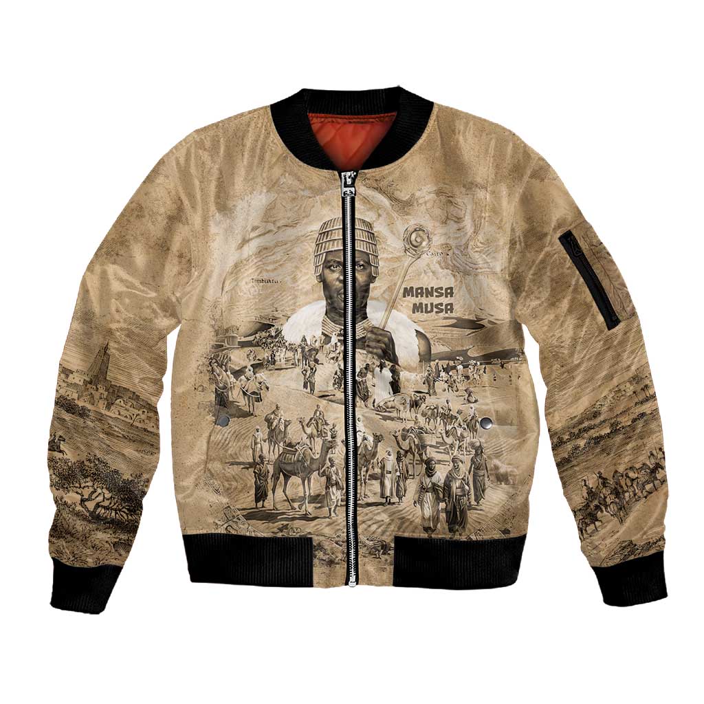 Mansa Musa Sleeve Zip Bomber Jacket Sepia Map Historic Pilgrimage Empire Expedition 1324 African Royalty Legacy - African Pride