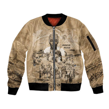 Mansa Musa Sleeve Zip Bomber Jacket Sepia Map Historic Pilgrimage Empire Expedition 1324 African Royalty Legacy - African Pride