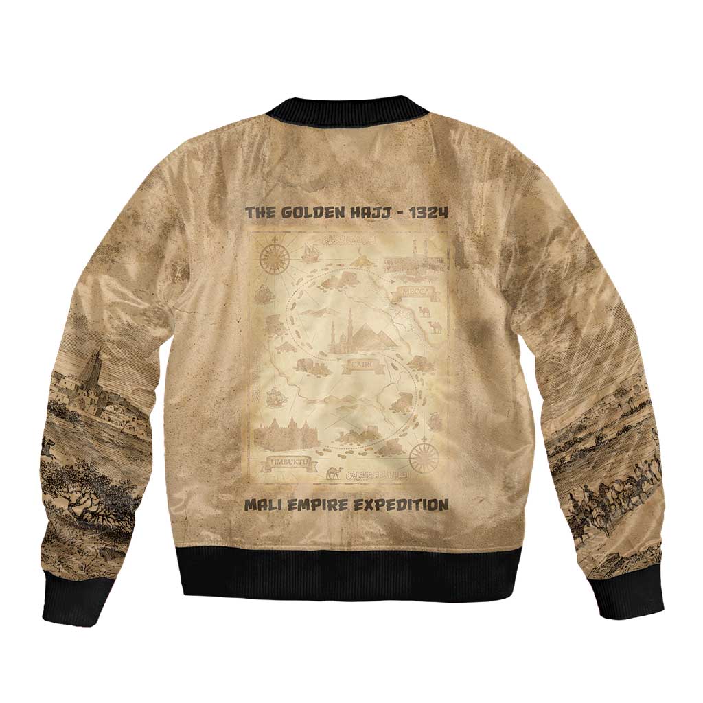 Mansa Musa Sleeve Zip Bomber Jacket Sepia Map Historic Pilgrimage Empire Expedition 1324 African Royalty Legacy - African Pride
