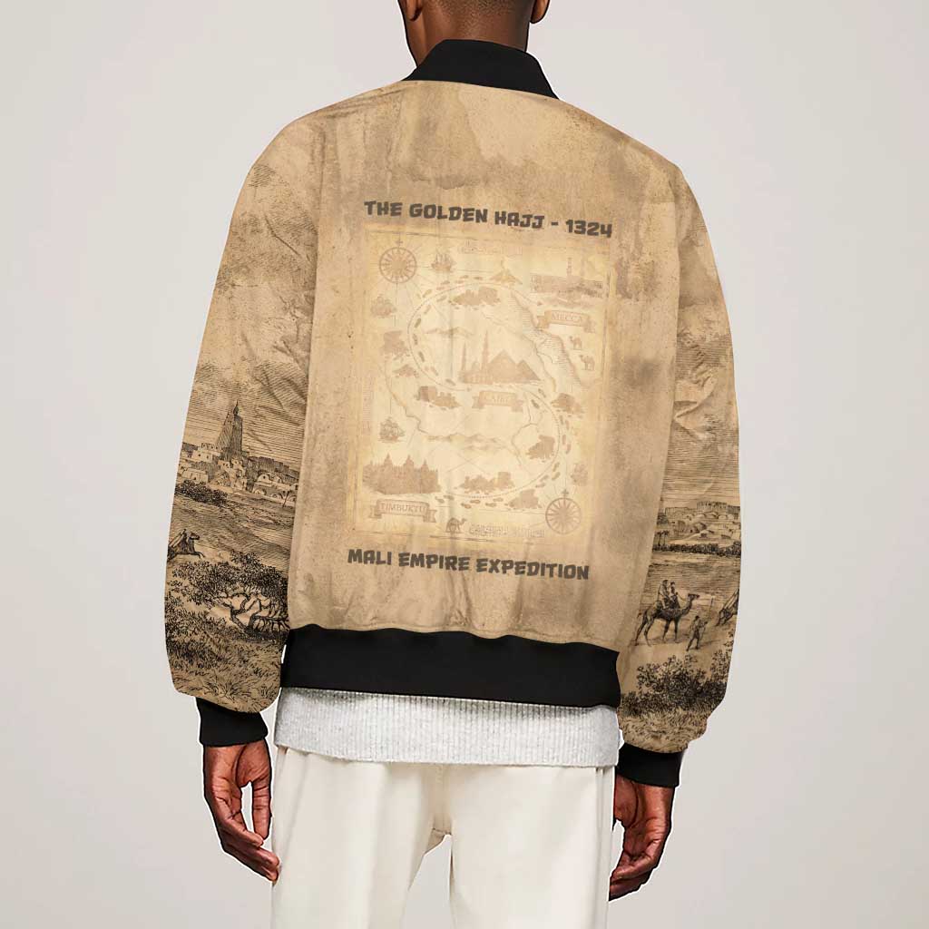Mansa Musa Sleeve Zip Bomber Jacket Sepia Map Historic Pilgrimage Empire Expedition 1324 African Royalty Legacy - African Pride