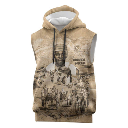 Mansa Musa Sleeveless Hoodie Sepia Map Historic Pilgrimage Empire Expedition 1324 African Royalty Legacy - African Pride