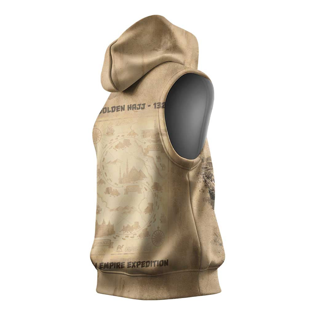 Mansa Musa Sleeveless Hoodie Sepia Map Historic Pilgrimage Empire Expedition 1324 African Royalty Legacy - African Pride