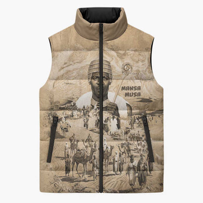 Mansa Musa Sleeveless Puffer Jacket Sepia Map Historic Pilgrimage Empire Expedition 1324 African Royalty Legacy - African Pride